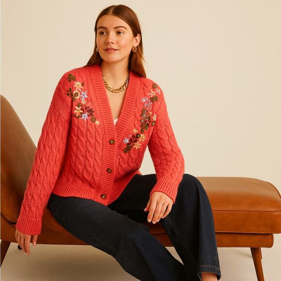 SUNDANCE Pocket Of Posies Floral Embroidered Cable Knit Cardigan Sz M {3D54} - Picture 1 of 5